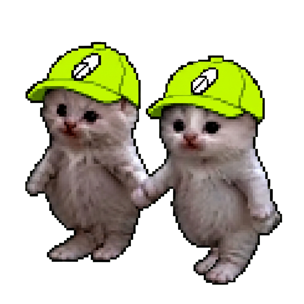 Two small cats in matching neon green caps holding hands